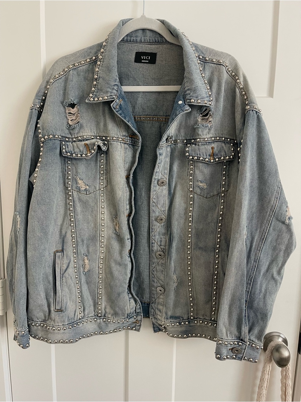 VICI Studded Distressed Light Blue Denim Jacket